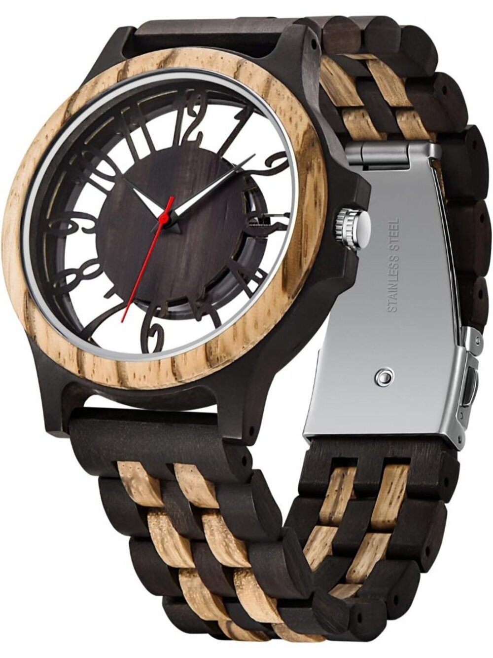 Men's Black Quartz Ebony Zebra Fold over Clasp Wood Strap Round Wooden Watch